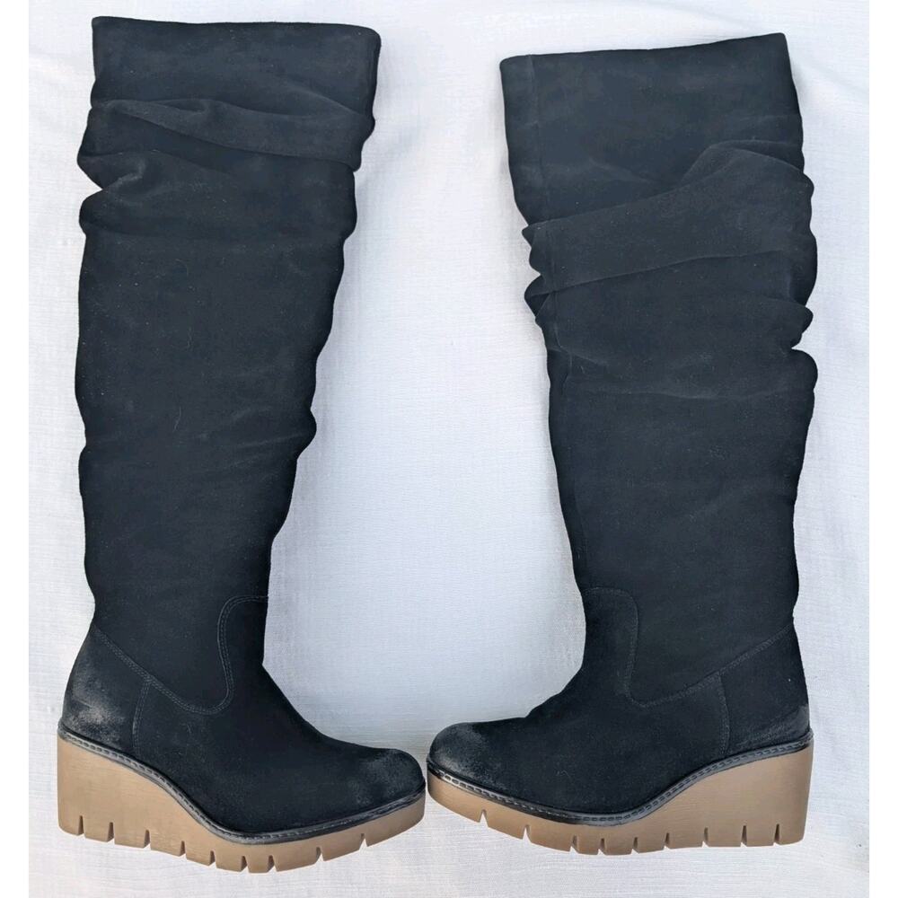 Vintage Foundry Co Womens Maisie Tall Suede Wedge Boots 9 Black Slouch Soft Luxe